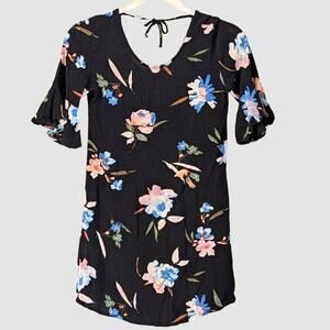 O'Neill Girls Black Floral Crinkle Dress Size M 10/12 Tie Back Boho Beach